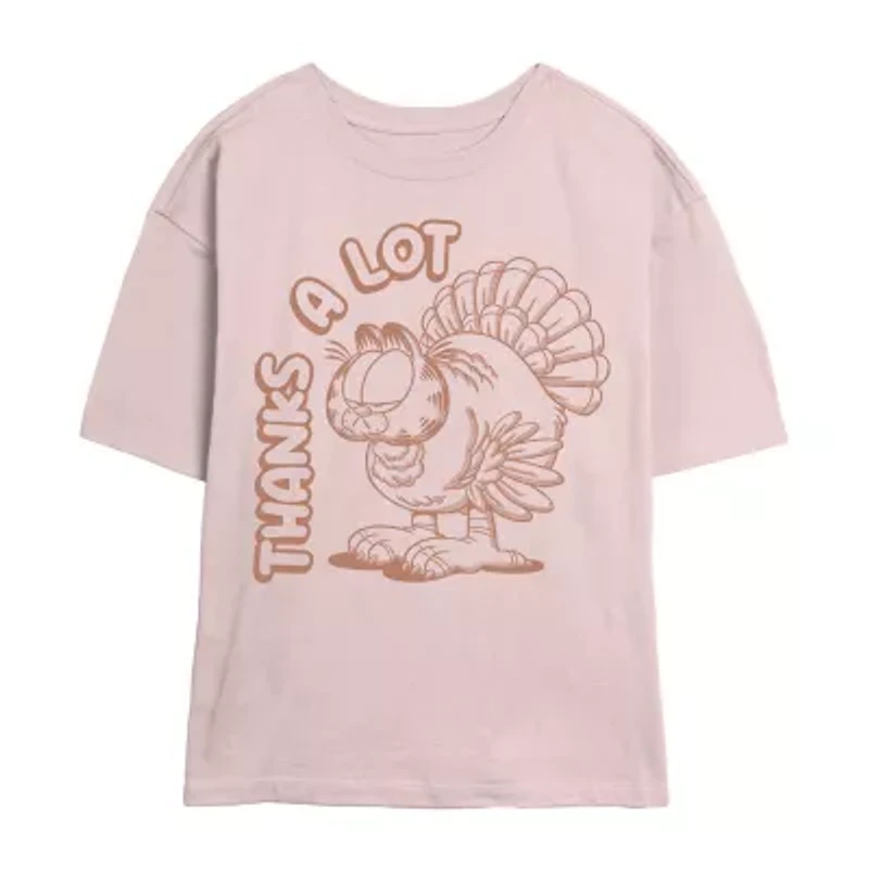 Garfield Thanksgiving Thanks Turkey Womens Juniors Crew Neck Short Sleeve Classic Fit Graphic T-Shirt