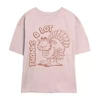 Garfield Thanksgiving Thanks Turkey Womens Juniors Crew Neck Short Sleeve Classic Fit Graphic T-Shirt
