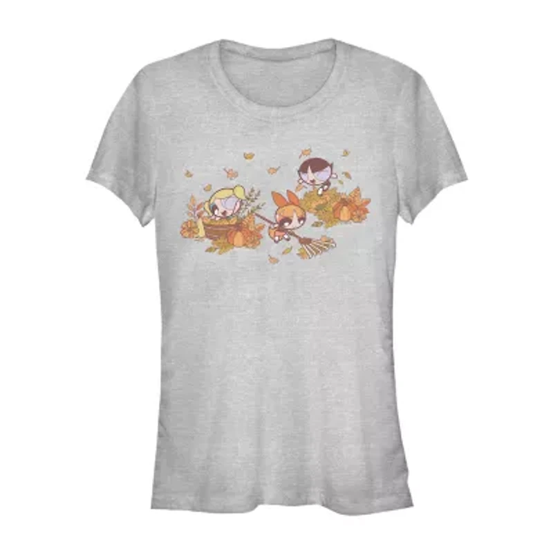 Fall Leaves Womens Juniors Crew Neck Short Sleeve Classic Fit Powerpuff Girls Graphic T-Shirt