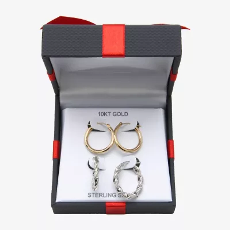 Womens 10K Gold Sterling Silver Oval Round 2 Pair Earring Set
