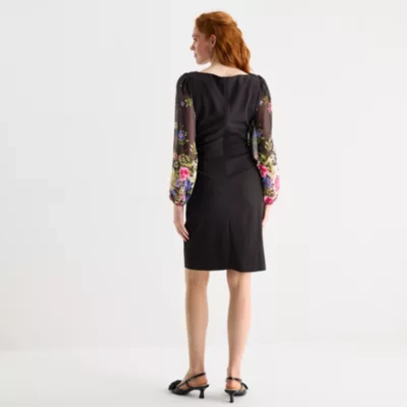 Jessica Howard Womens Long Sleeve Floral Sheath Dress