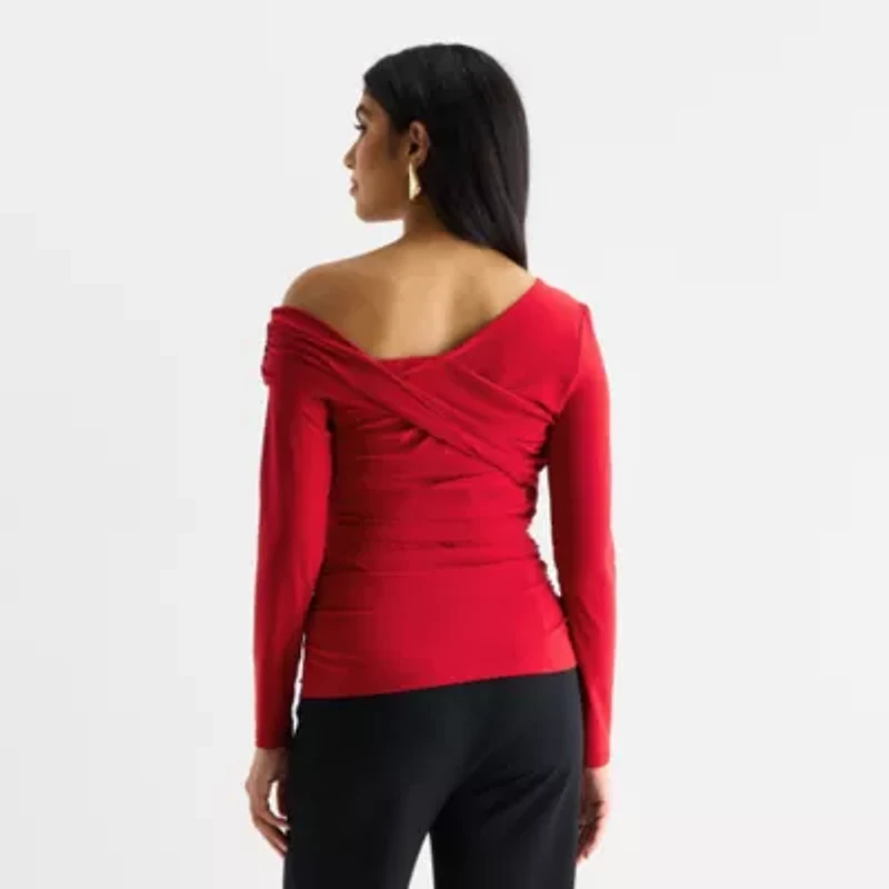 Bold Elements Womens Asymmetrical Neck Long Sleeve Blouse