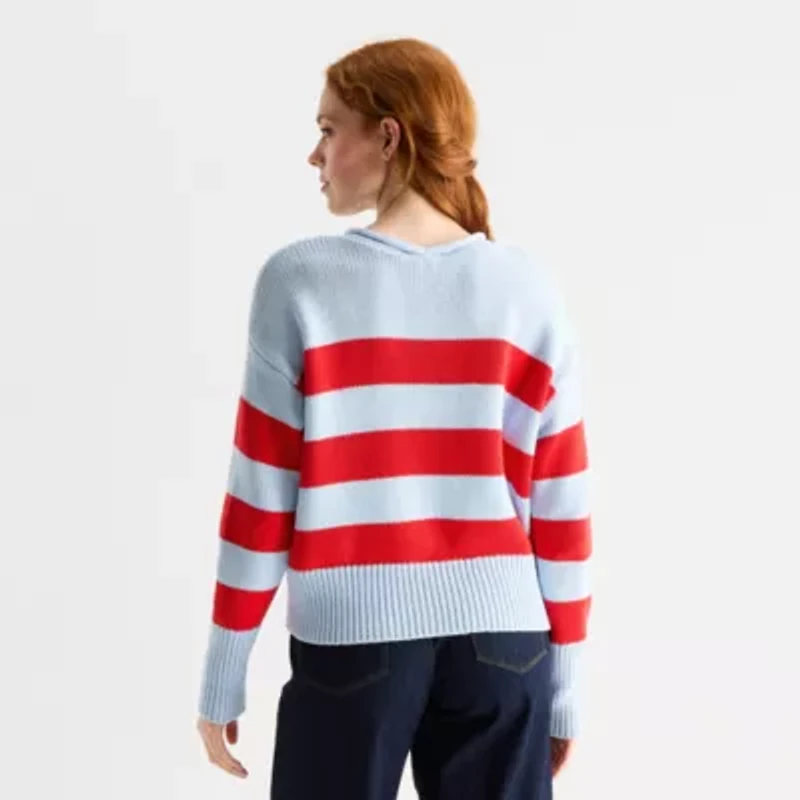 St. John's Bay Womens Crew Neck Long Sleeve Striped Pullover Sweater
