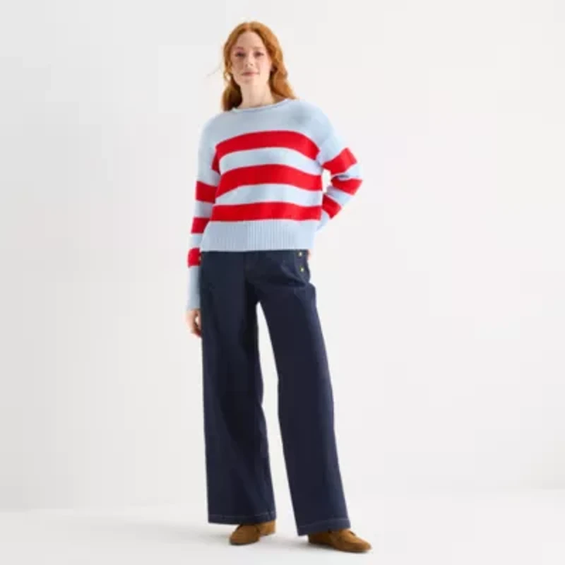 St. John's Bay Womens Crew Neck Long Sleeve Striped Pullover Sweater