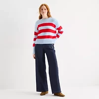 St. John's Bay Womens Crew Neck Long Sleeve Striped Pullover Sweater
