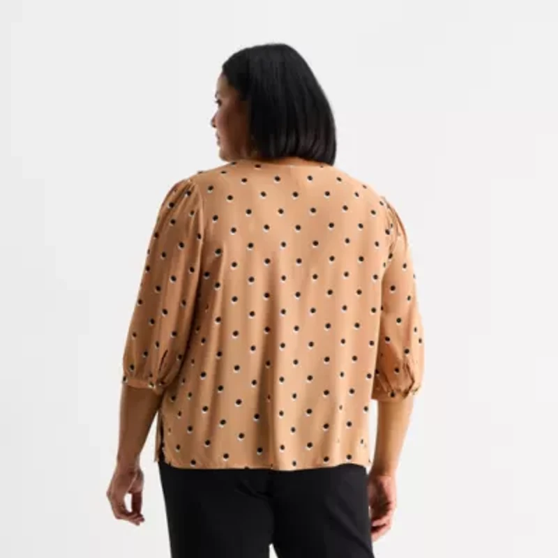 Liz Claiborne Womens Plus V Neck 3/4 Sleeve Blouse