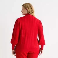 Liz Claiborne Plus Womens Split Tie Neck Long Sleeve Pullover Sweater