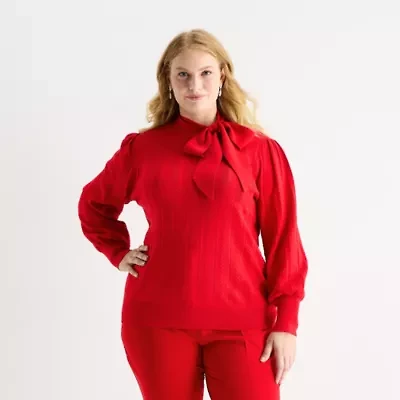 Liz Claiborne Plus Womens Split Tie Neck Long Sleeve Pullover Sweater