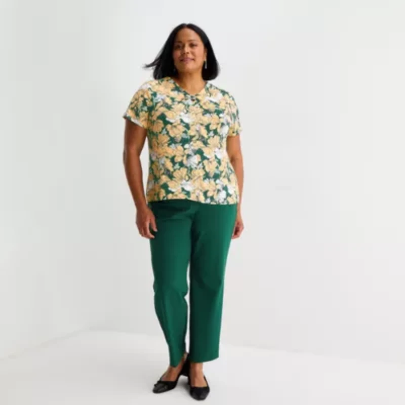 Liz Claiborne Womens Plus Keyhole Neck Short Sleeve Blouse