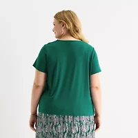 Liz Claiborne Womens Plus Keyhole Neck Short Sleeve Blouse