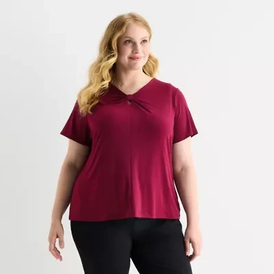 Liz Claiborne Womens Plus Keyhole Neck Short Sleeve Blouse