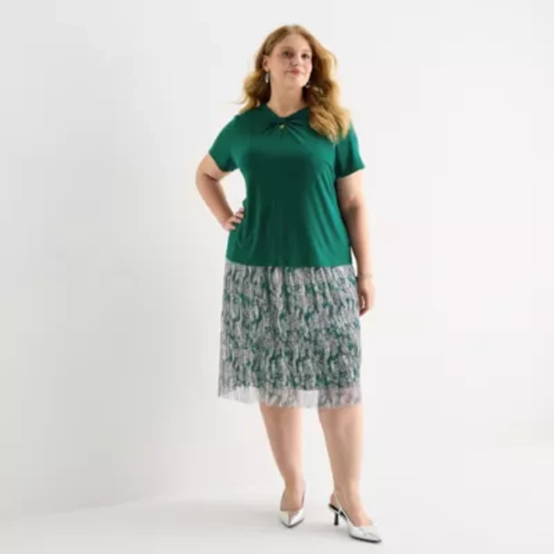 Liz Claiborne Womens Plus Keyhole Neck Short Sleeve Blouse