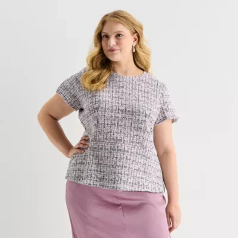 Liz Claiborne Womens Plus Crew Neck Short Sleeve Peplum Top