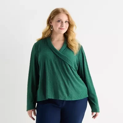 Liz Claiborne Womens Plus V Neck Long Sleeve Blouse