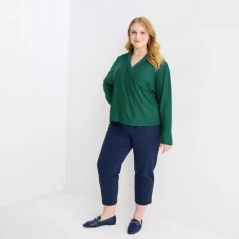 Liz Claiborne Womens Plus V Neck Long Sleeve Blouse