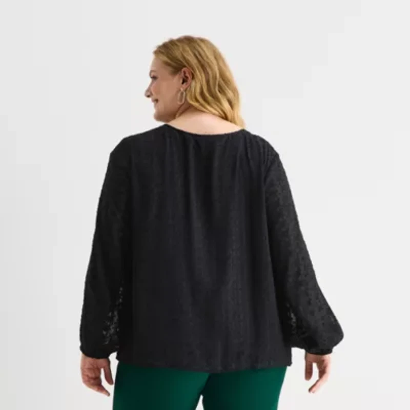 Liz Claiborne Shine Womens Plus Keyhole Neck Long Sleeve Blouse