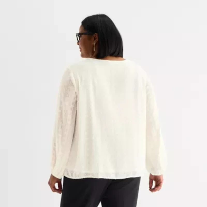 Liz Claiborne Shine Womens Plus Keyhole Neck Long Sleeve Blouse