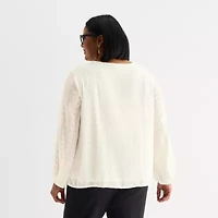 Liz Claiborne Shine Womens Plus Keyhole Neck Long Sleeve Blouse