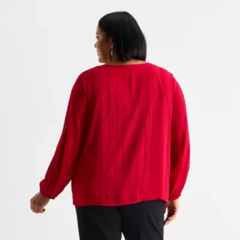 Liz Claiborne Shine Womens Plus Keyhole Neck Long Sleeve Blouse