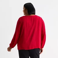 Liz Claiborne Shine Womens Plus Keyhole Neck Long Sleeve Blouse