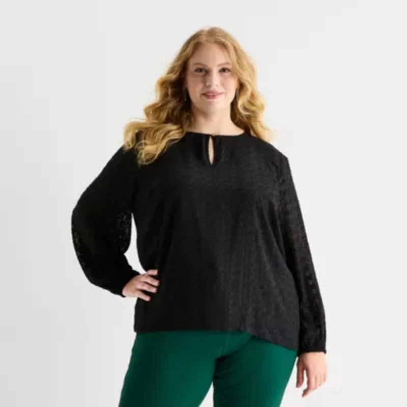 Liz Claiborne Shine Womens Plus Keyhole Neck Long Sleeve Blouse