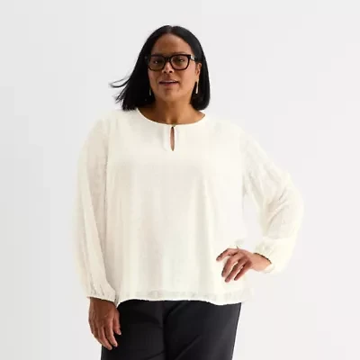 Liz Claiborne Shine Womens Plus Keyhole Neck Long Sleeve Blouse