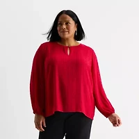 Liz Claiborne Shine Womens Plus Keyhole Neck Long Sleeve Blouse