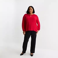 Liz Claiborne Shine Womens Plus Keyhole Neck Long Sleeve Blouse