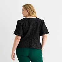 Liz Claiborne Womens Plus Keyhole Neck Elbow Sleeve Blouse