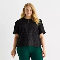 Liz Claiborne Womens Plus Keyhole Neck Elbow Sleeve Blouse