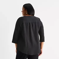Liz Claiborne Womens Plus V Neck 3/4 Sleeve Blouse