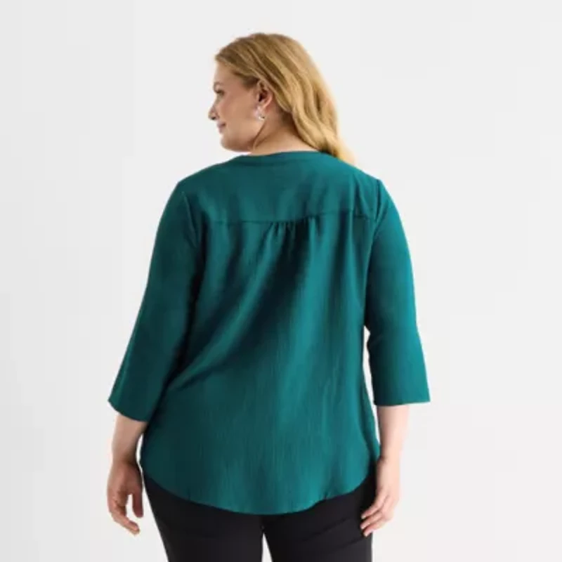 Liz Claiborne Womens Plus Crew Neck 3/4 Sleeve Blouse