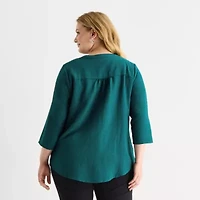 Liz Claiborne Womens Plus Crew Neck 3/4 Sleeve Blouse
