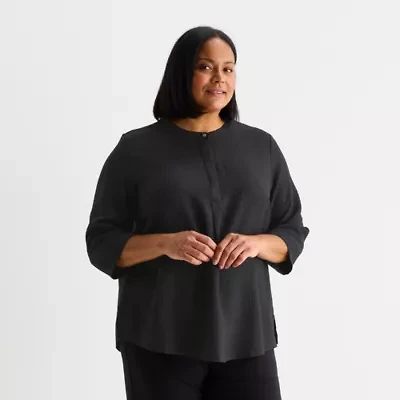 Liz Claiborne Womens Plus V Neck 3/4 Sleeve Blouse