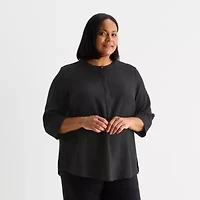 Liz Claiborne Womens Plus V Neck 3/4 Sleeve Blouse