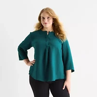 Liz Claiborne Womens Plus Crew Neck 3/4 Sleeve Blouse