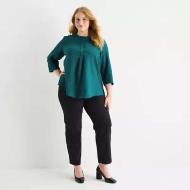 Liz Claiborne Womens Plus Crew Neck 3/4 Sleeve Blouse
