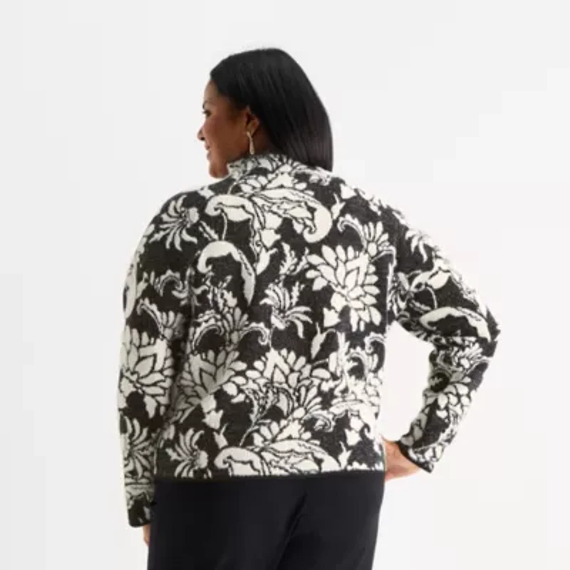 Liz Claiborne Plus Womens Funnel Neck Long Sleeve Floral Pullover Sweater