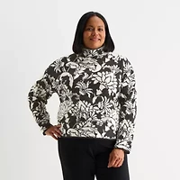 Liz Claiborne Plus Womens Funnel Neck Long Sleeve Floral Pullover Sweater