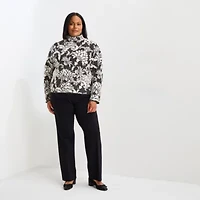 Liz Claiborne Plus Womens Funnel Neck Long Sleeve Floral Pullover Sweater