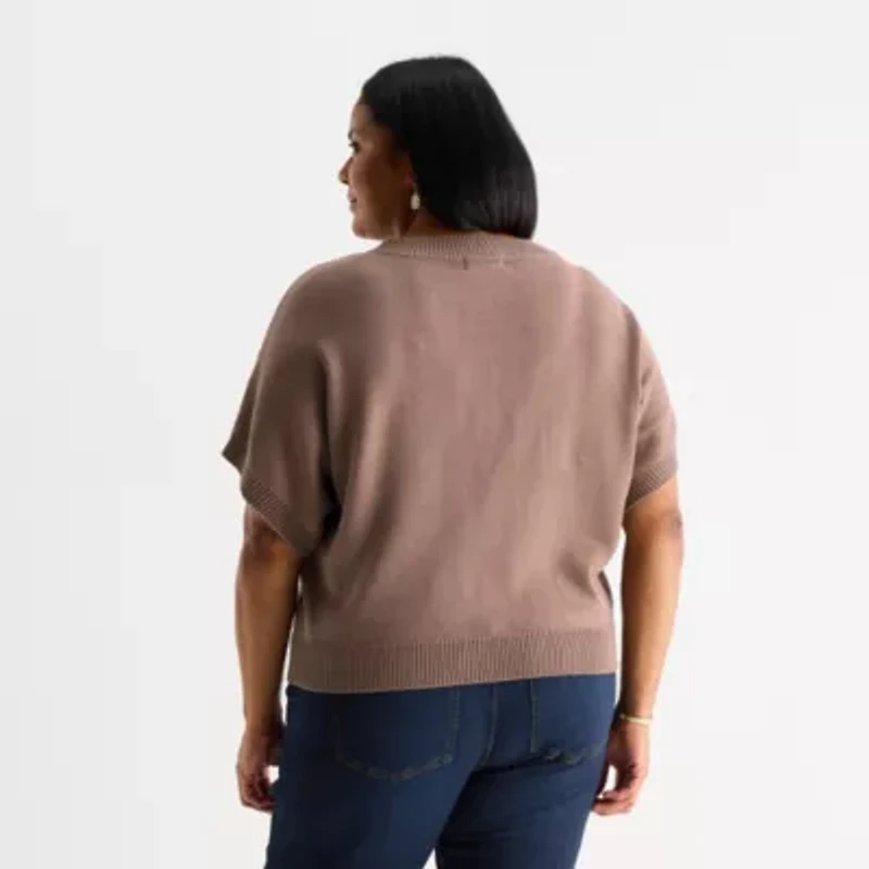 Liz Claiborne Plus Womens Crew Neck Elbow Sleeve Pullover Sweater