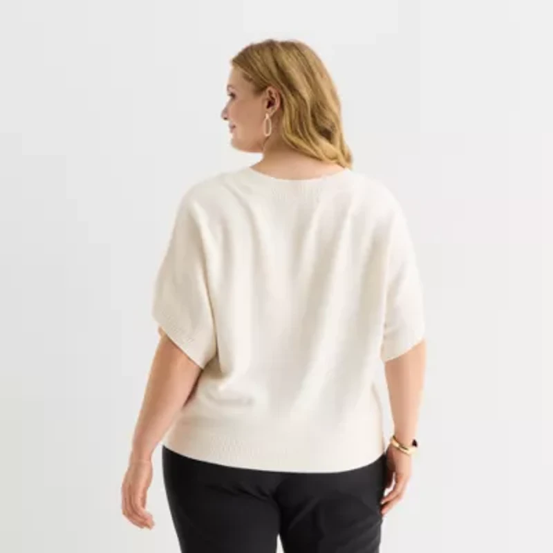 Liz Claiborne Plus Womens Crew Neck Elbow Sleeve Pullover Sweater