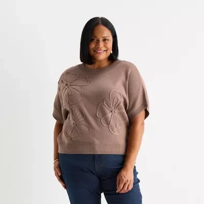 Liz Claiborne Plus Womens Crew Neck Elbow Sleeve Pullover Sweater