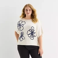 Liz Claiborne Plus Womens Crew Neck Elbow Sleeve Pullover Sweater