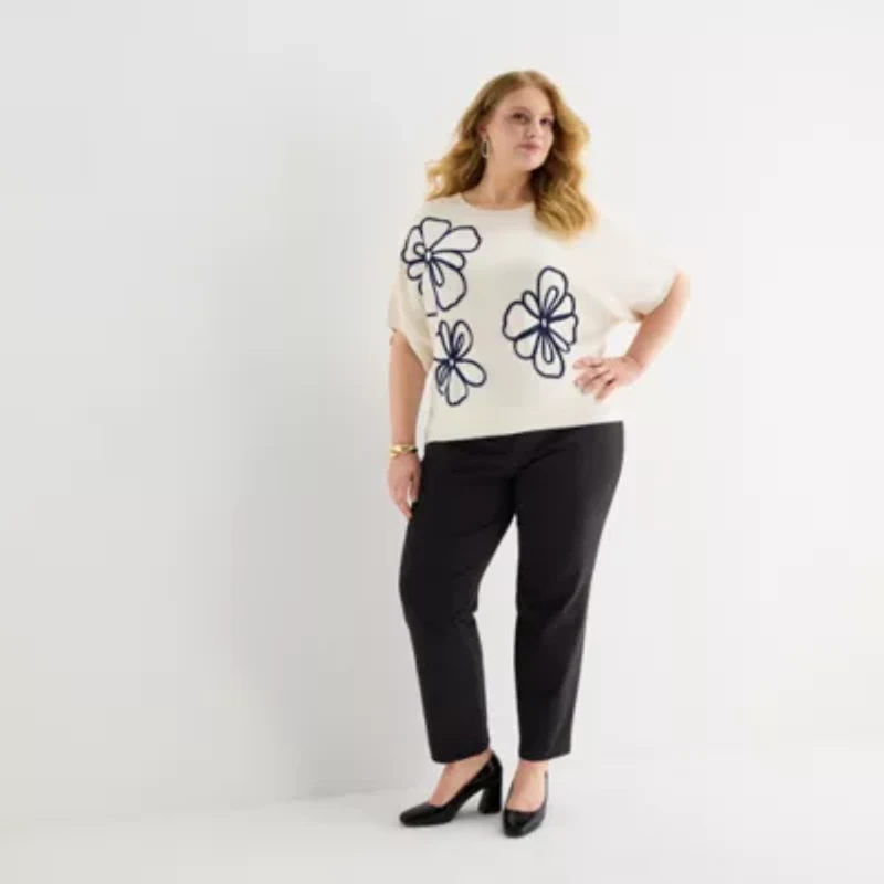 Liz Claiborne Plus Womens Crew Neck Elbow Sleeve Pullover Sweater