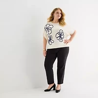 Liz Claiborne Plus Womens Crew Neck Elbow Sleeve Pullover Sweater