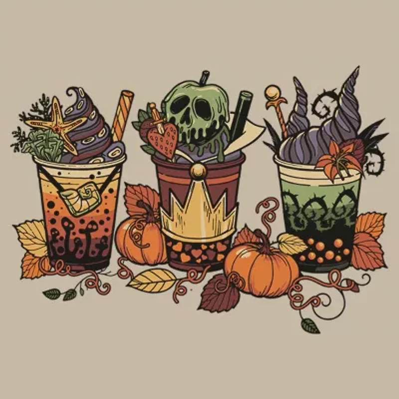 Disney Villians Fall Drinks Baby Tee Womens Juniors Crew Neck Short Sleeve Classic Fit Graphic T-Shirt