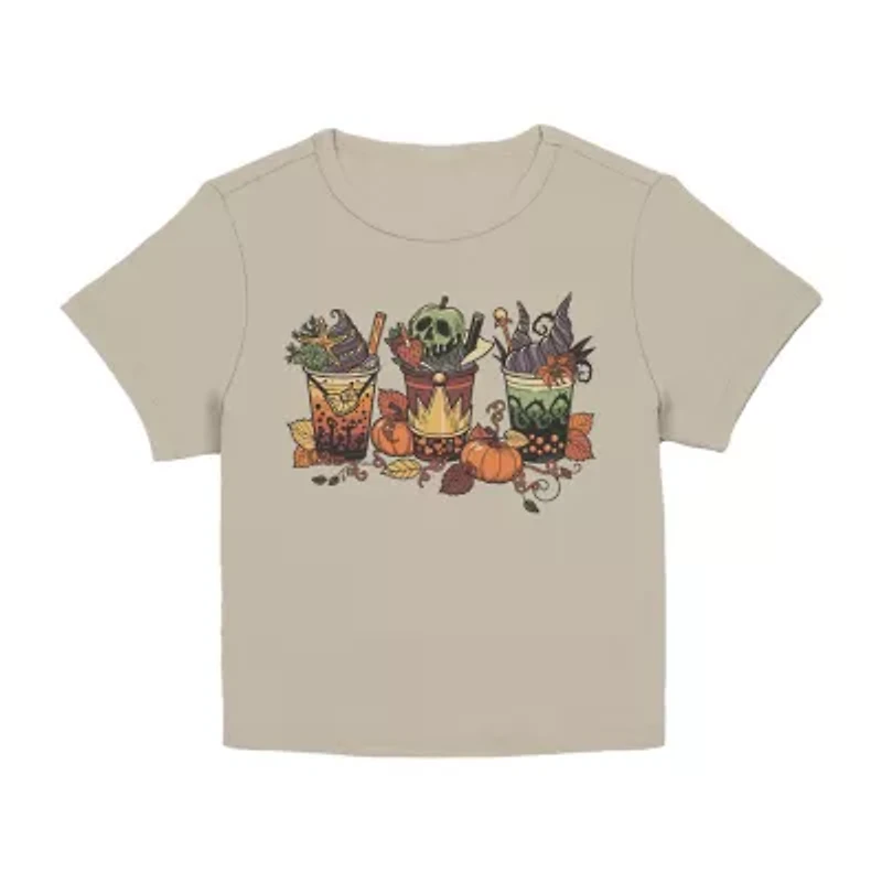 Disney Villians Fall Drinks Baby Tee Womens Juniors Crew Neck Short Sleeve Classic Fit Graphic T-Shirt
