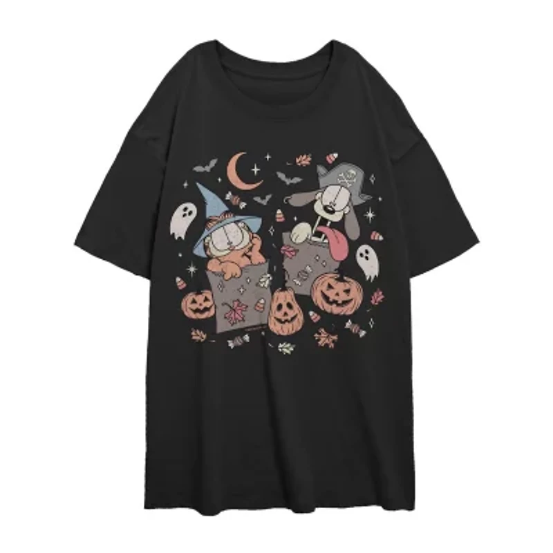 Garfield And Odie Halloween Womens Juniors Crew Neck Short Sleeve Classic Fit Graphic T-Shirt