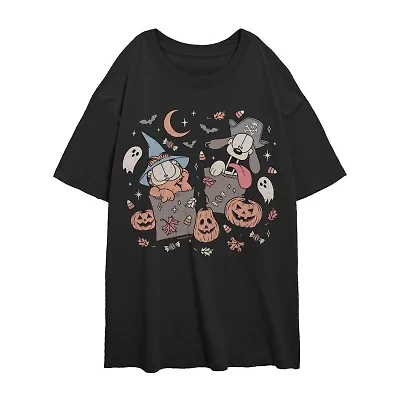 Garfield And Odie Halloween Womens Juniors Crew Neck Short Sleeve Classic Fit Graphic T-Shirt